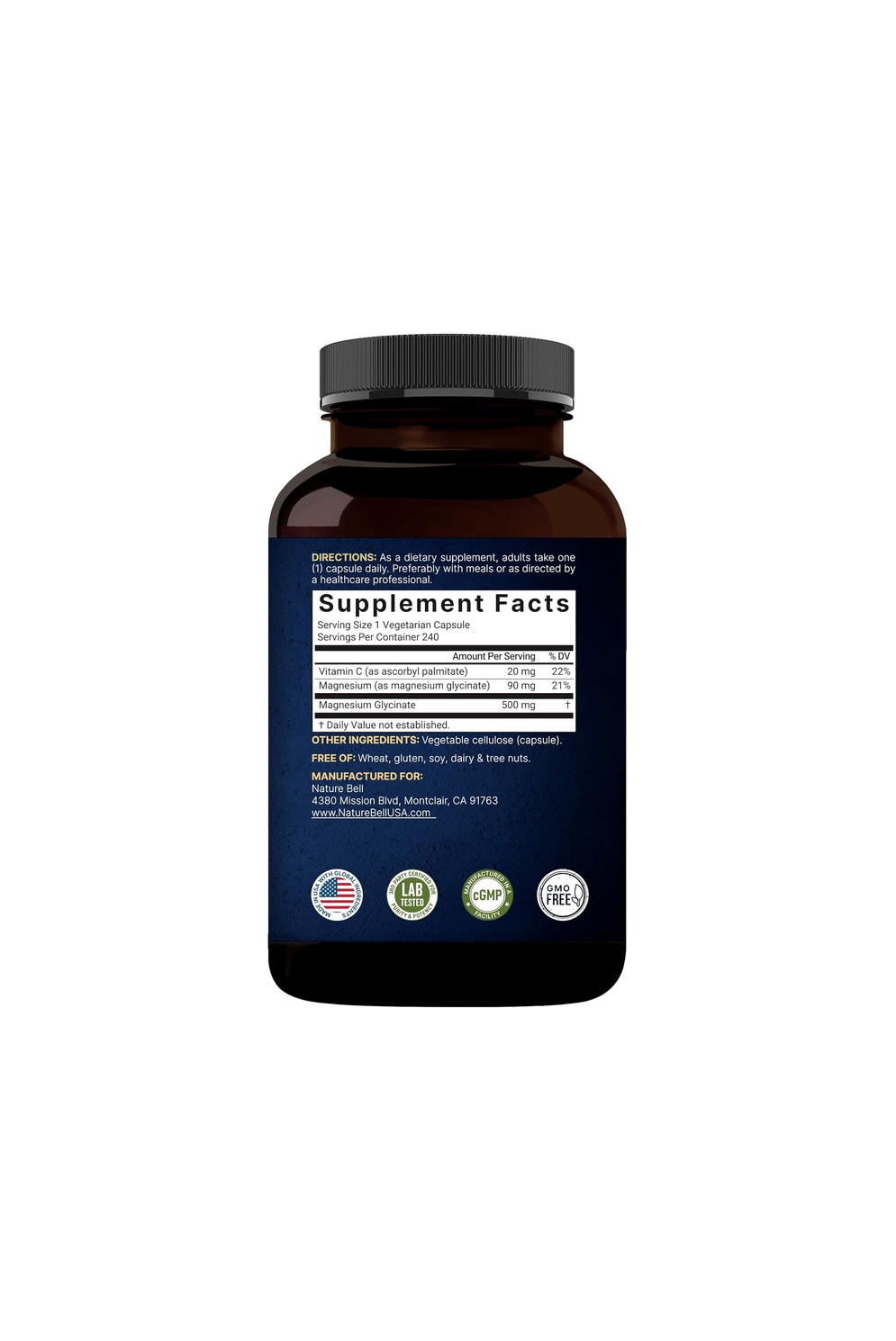 Magnesium Glycinate, modo de uso y tabla nutricional (500 mg con vitamina C)
