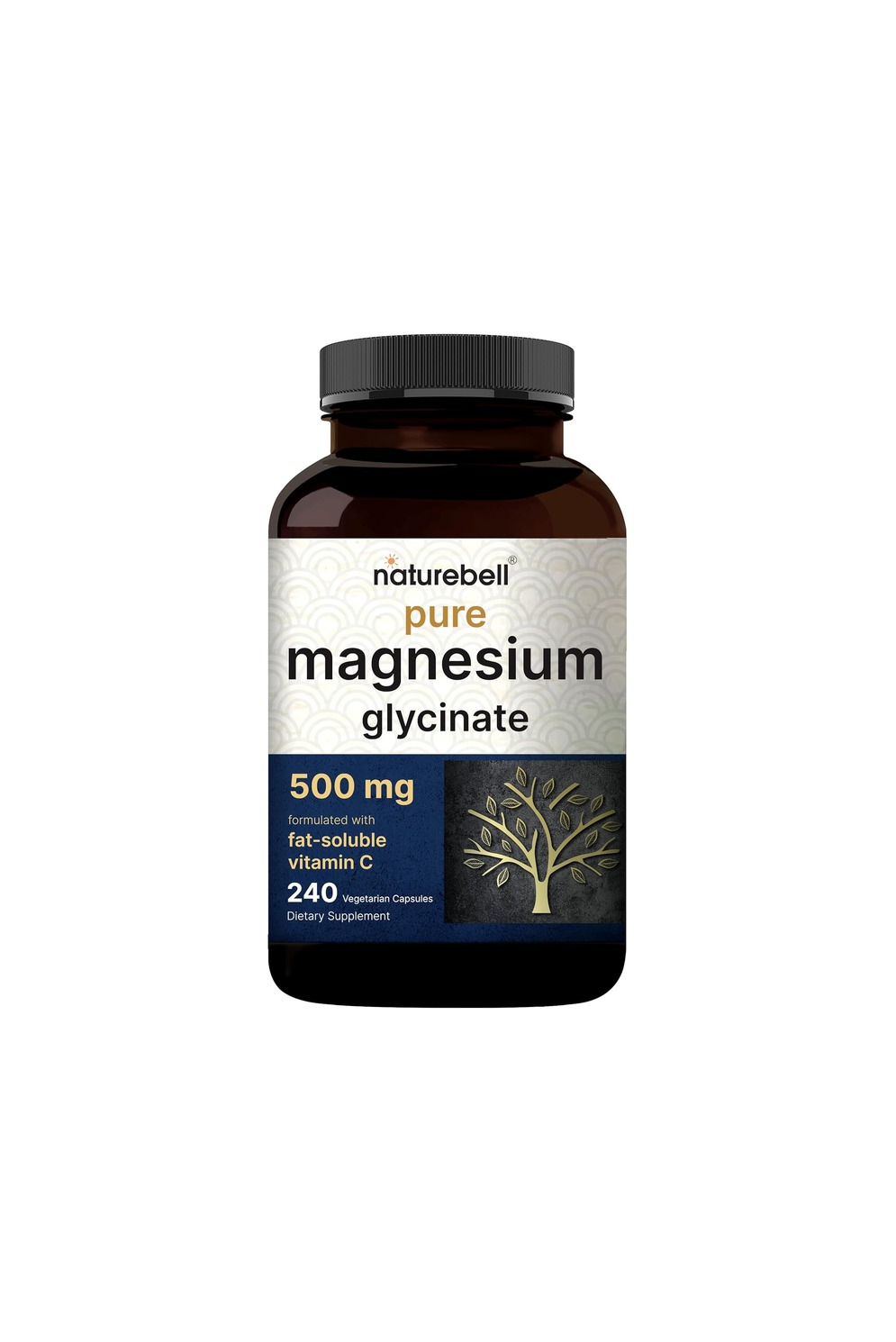 Pure Magnesium Glycinate 500 mg, frasco ámbar de 240 cápsulas vegetariana